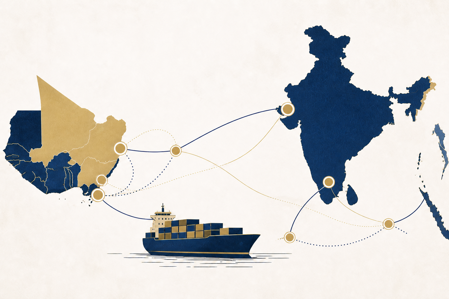 A navy cargo vessel and gold trade-route network connecting regional commercial markets.
