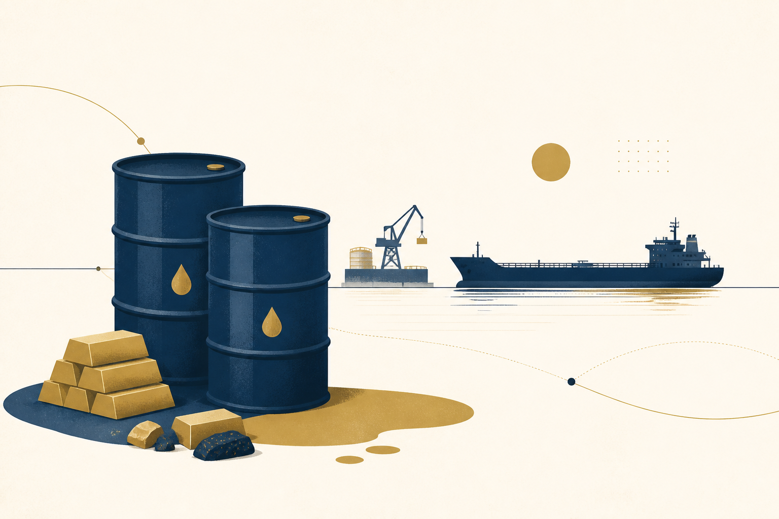 Deep navy oil drums and muted-gold commodity blocks beside a maritime tanker.