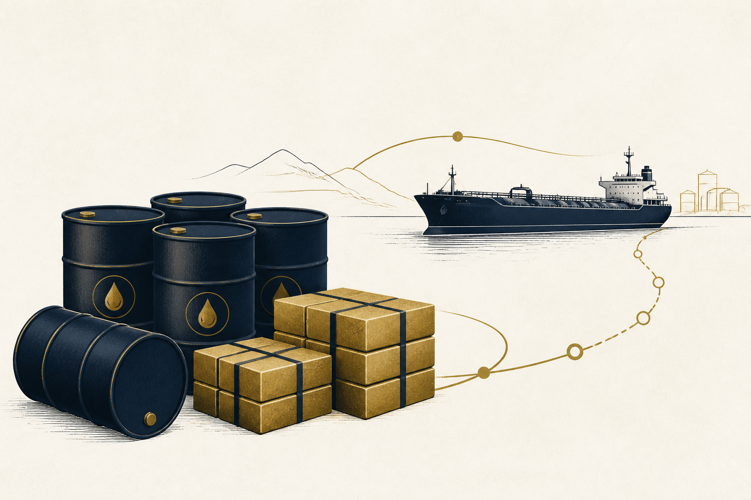 Deep navy oil drums and muted-gold commodity blocks beside a maritime tanker.