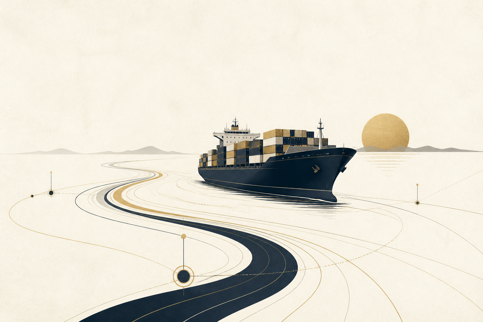 A navy cargo vessel moving through flowing navy and muted-gold commercial routes.