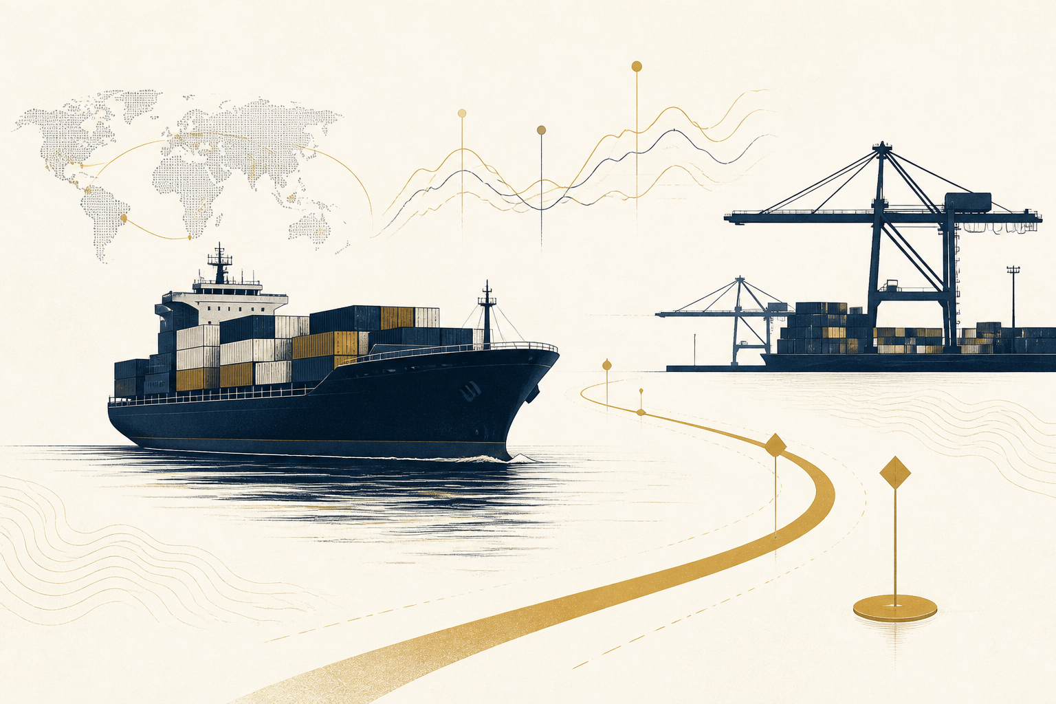 A deep navy cargo ship carrying muted-gold containers along a gold maritime trade route.