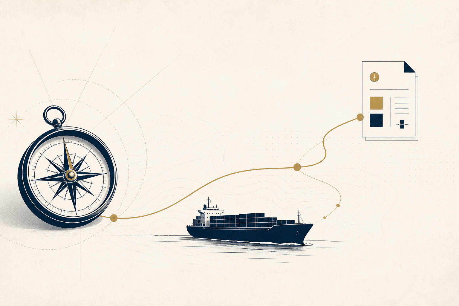 A navy cargo vessel, muted-gold compass and connected pathway leading toward a structured document.