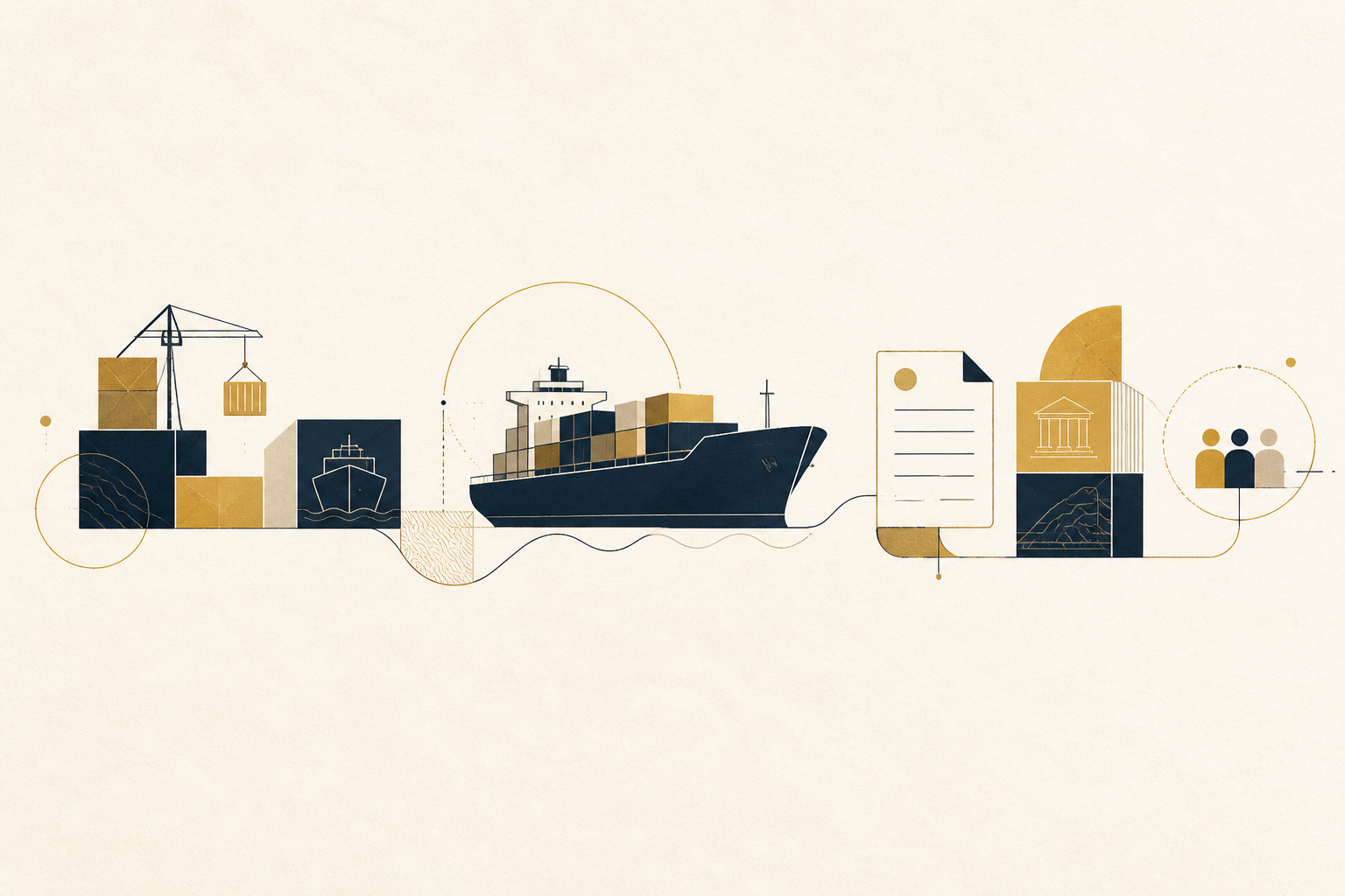 A navy cargo vessel and muted-gold finance elements connected by an infinity-shaped flow.