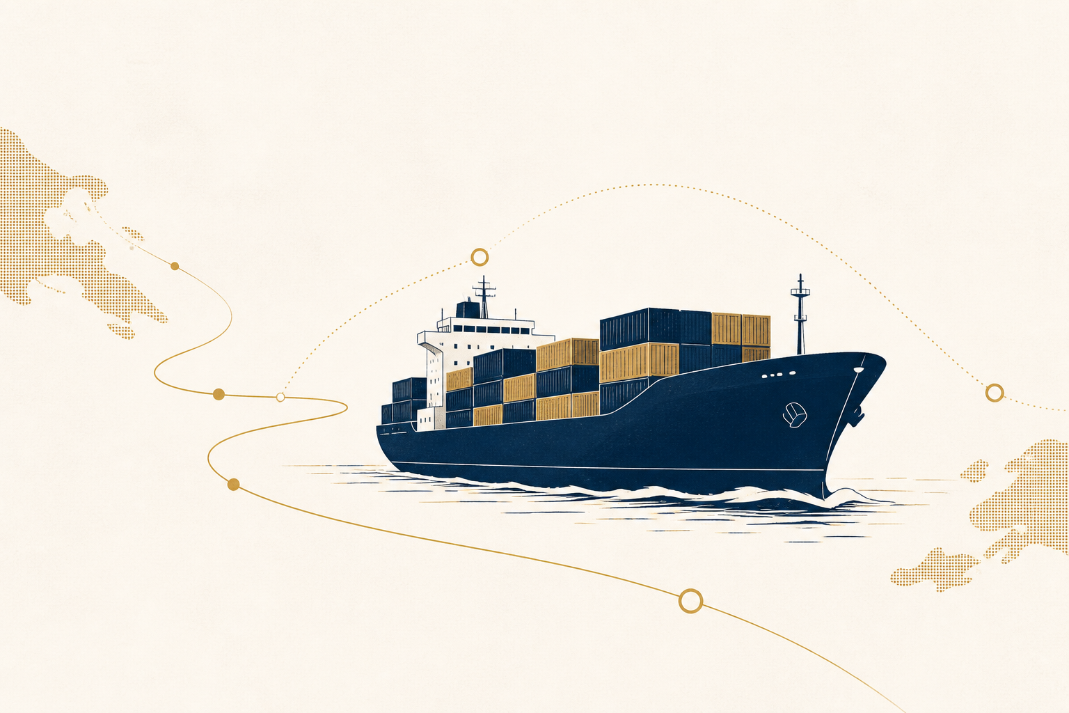 Deep navy cargo ship carrying muted-gold containers along a gold maritime trade route.