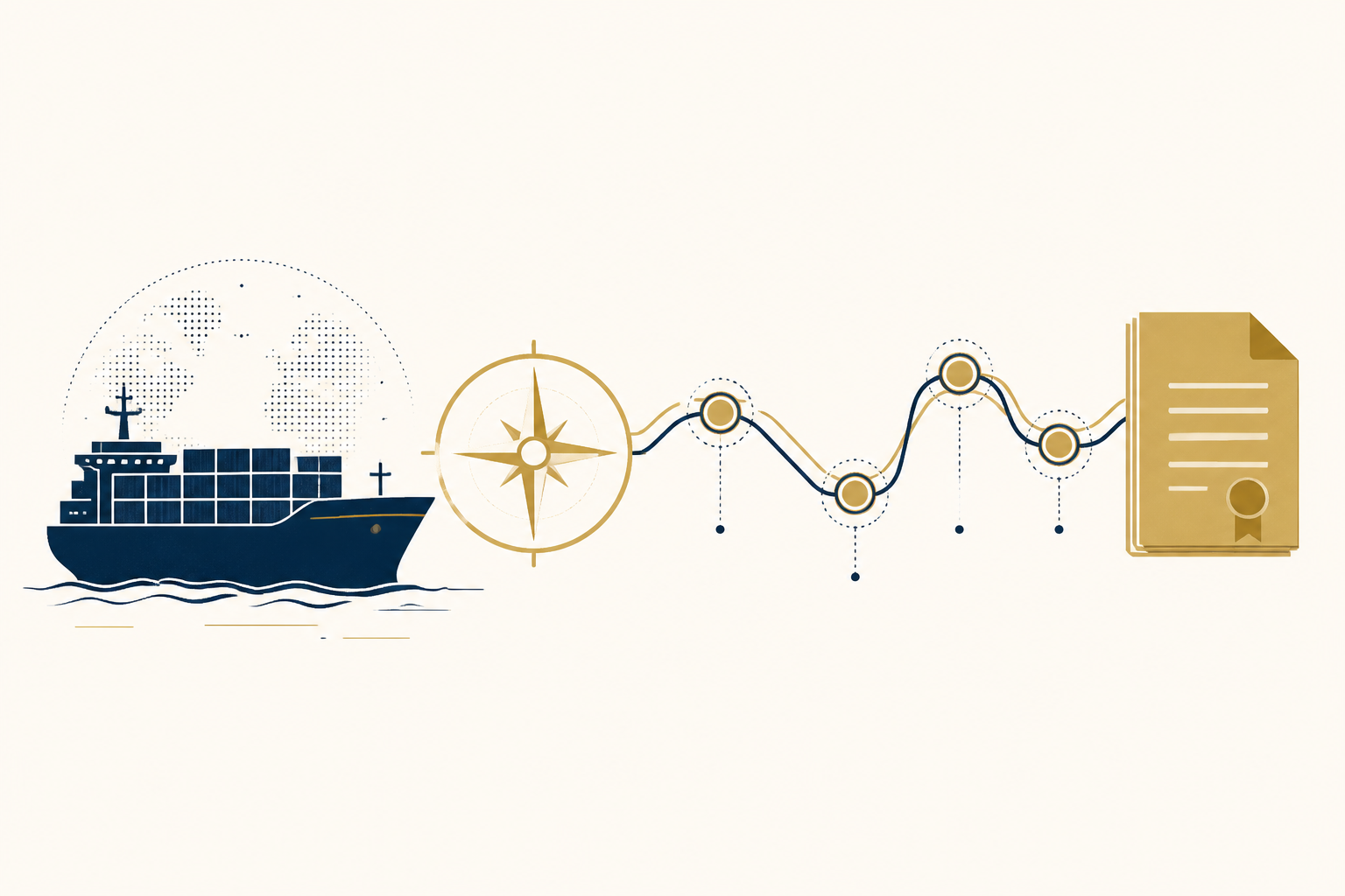 A navy cargo vessel, gold compass and connected pathway leading toward a structured document.