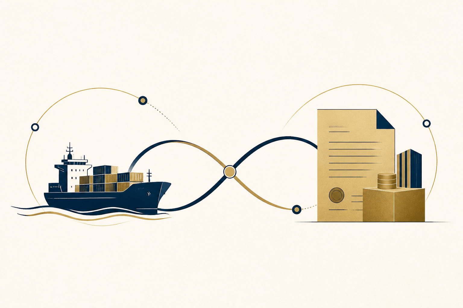 A navy cargo vessel and muted-gold finance elements connected by an infinity-shaped flow.